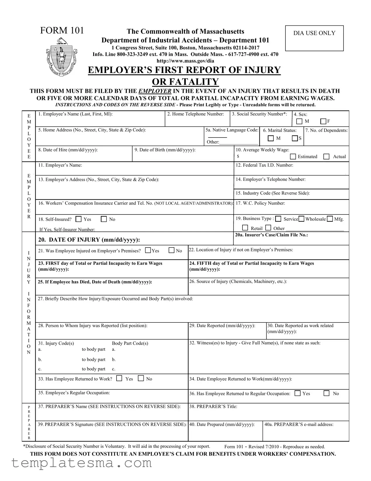 Fill Your 101 Massachusetts Form