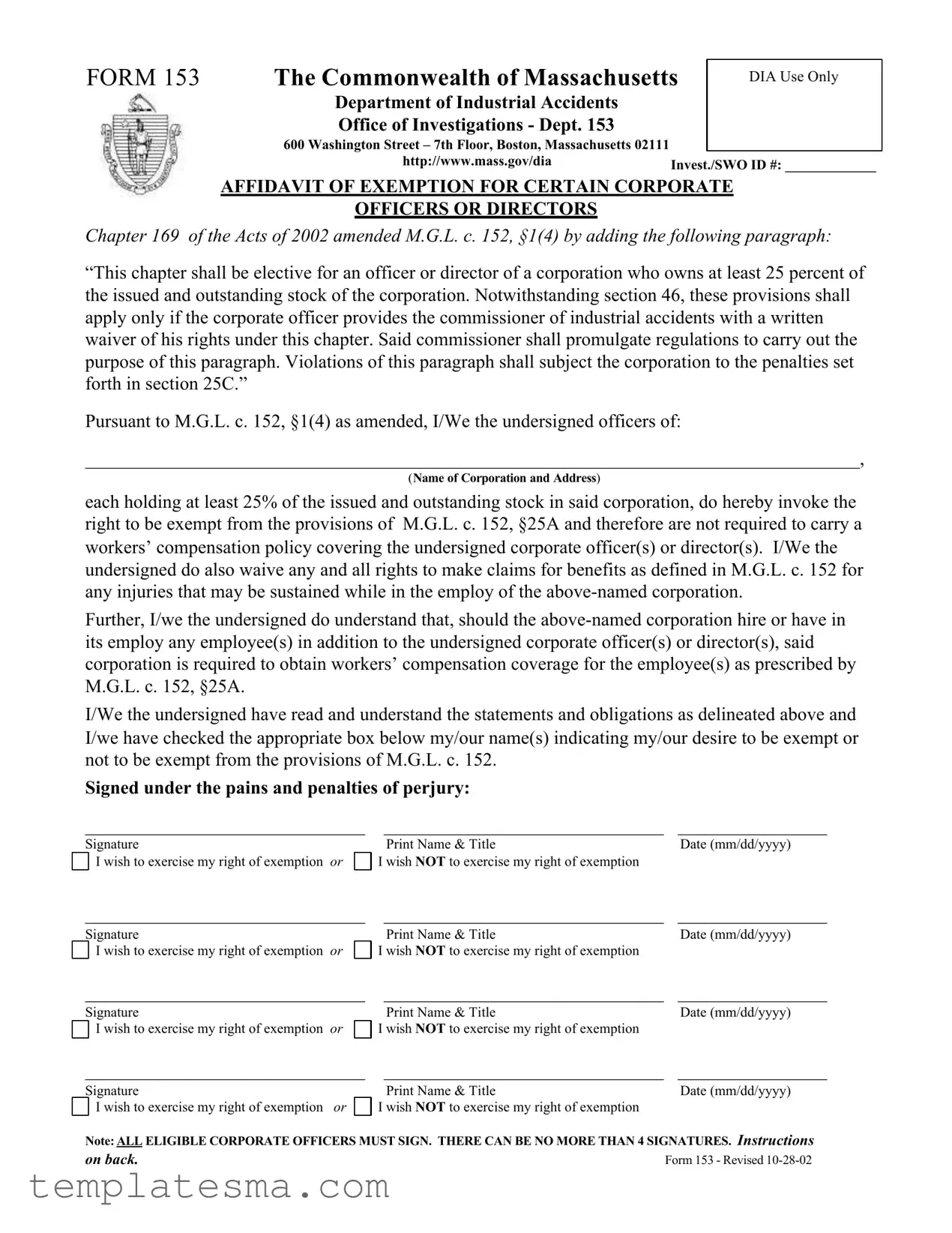 Fill Your 153 Massachusetts Form