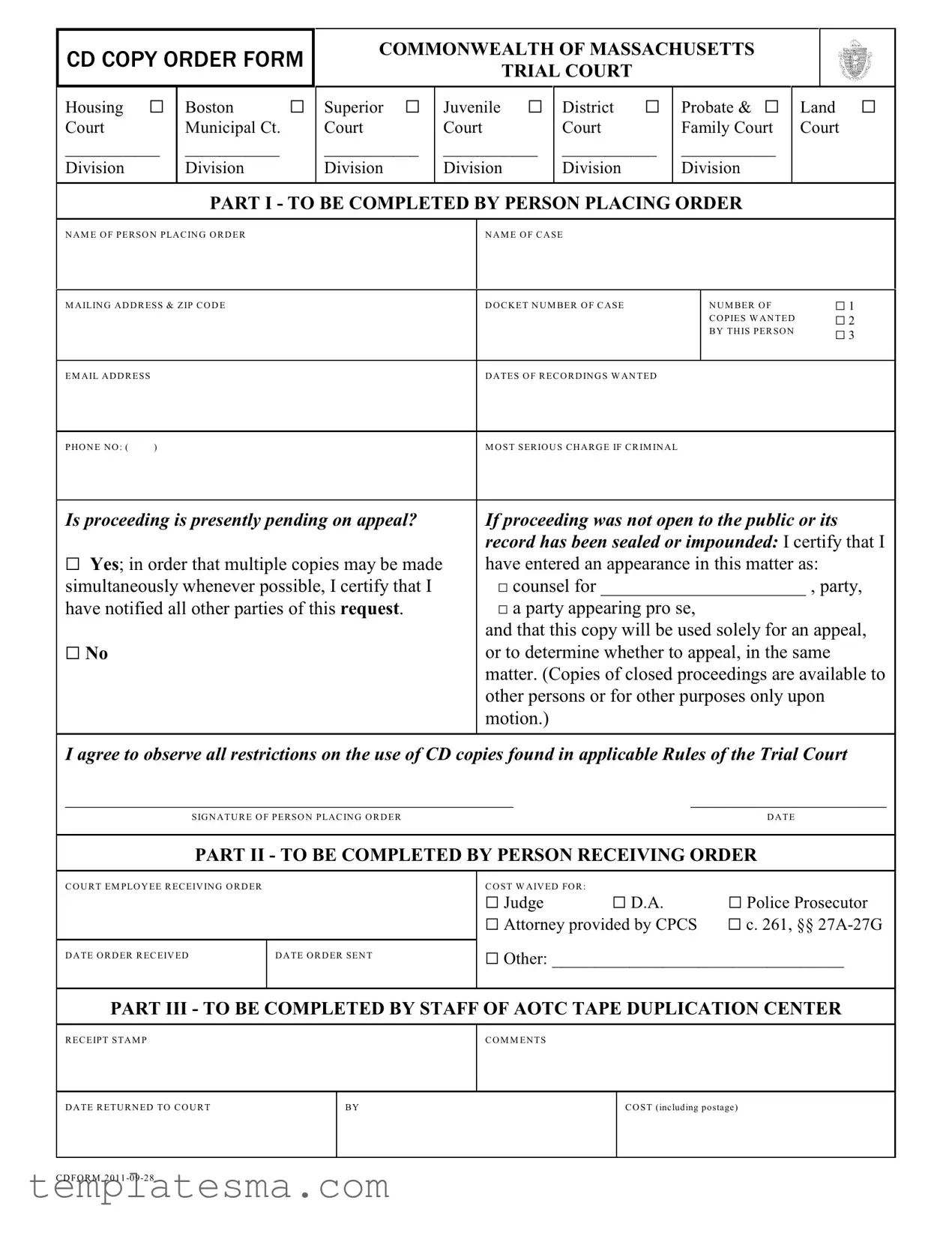 Fill Your Cd Copy Order Massachusetts Form