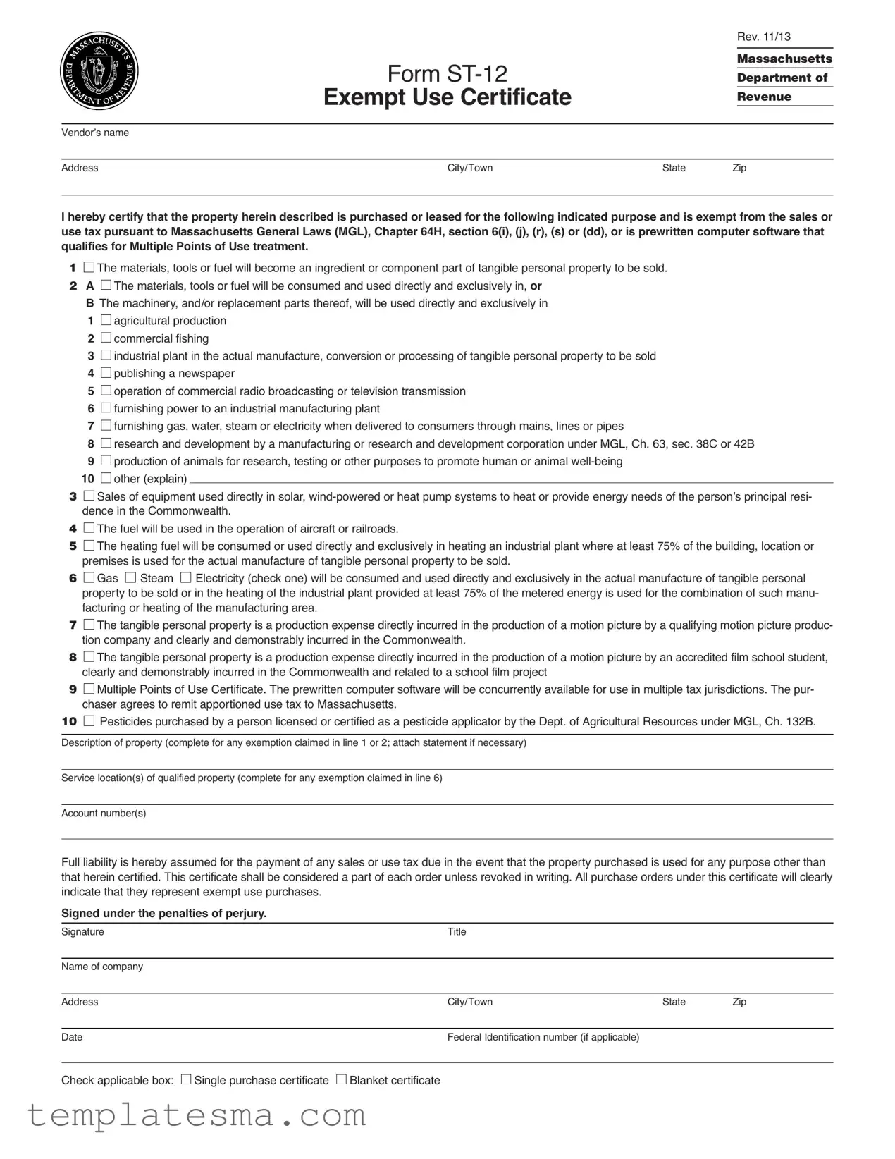Fill Your Ma Exempt St 12 Form