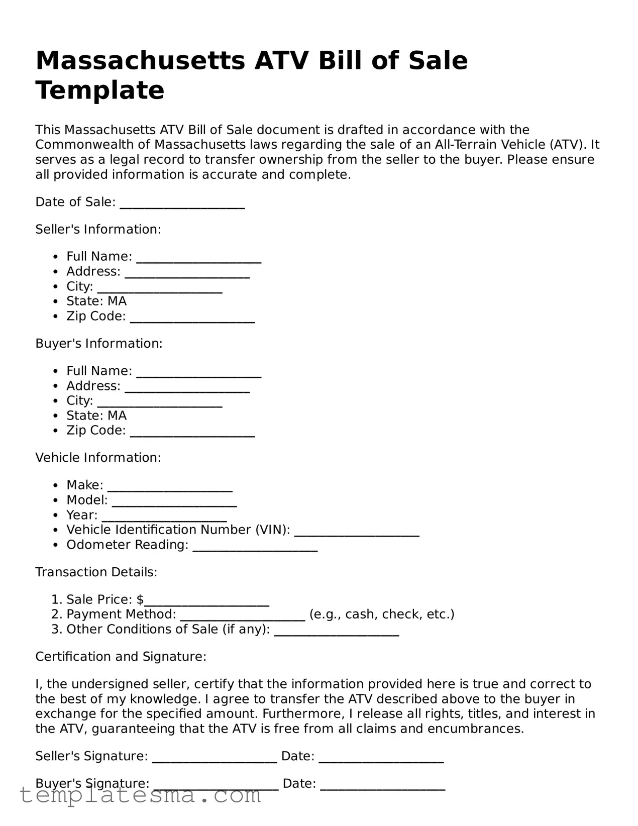 Printable Massachusetts ATV Bill of Sale Form