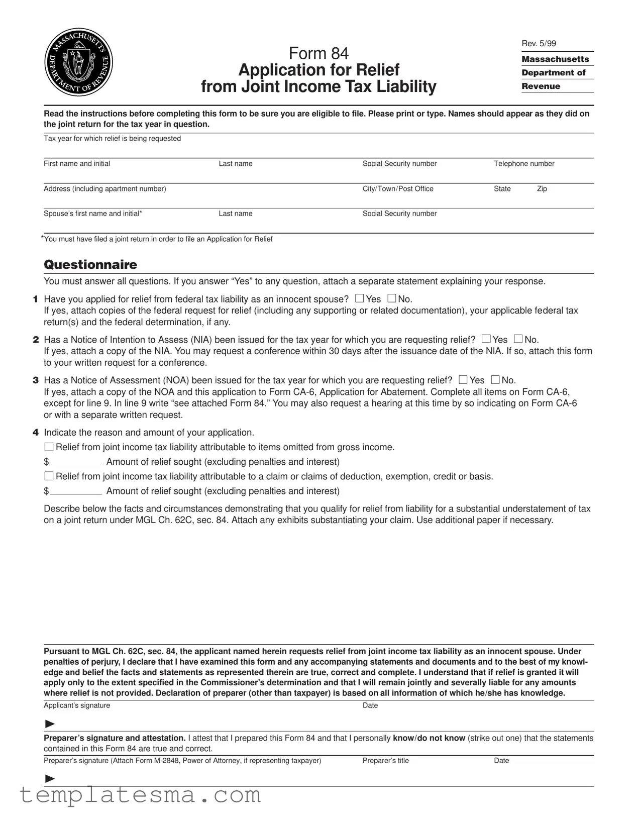 Fill Your Massachusetts 84 Form