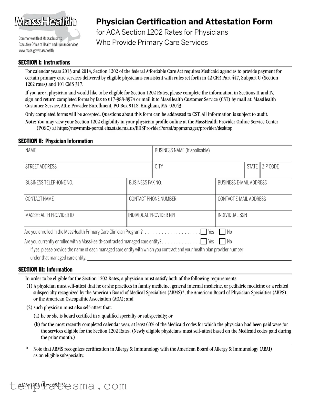 Fill Your Massachusetts Aca 1202 Form