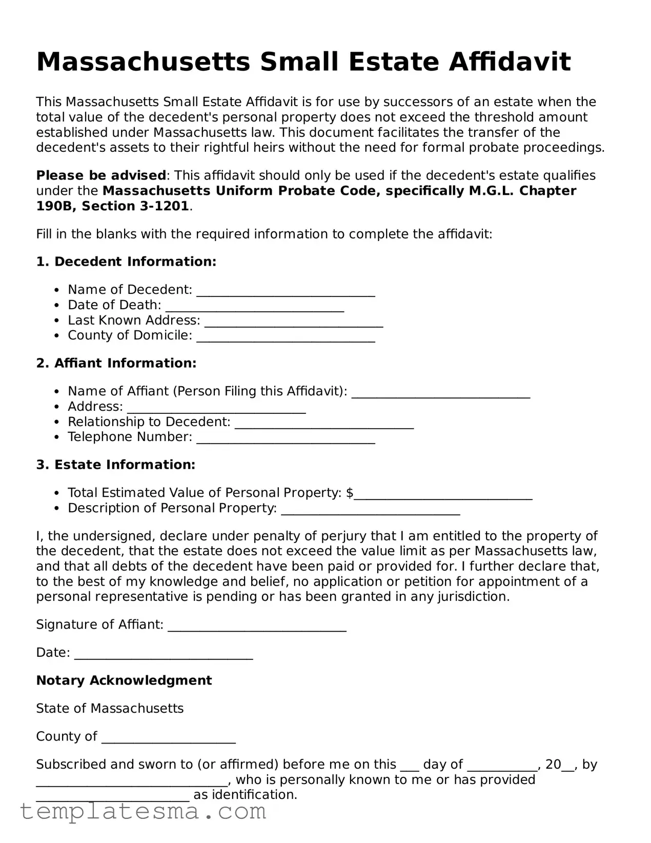 Printable Massachusetts Small Estate Affidavit Form