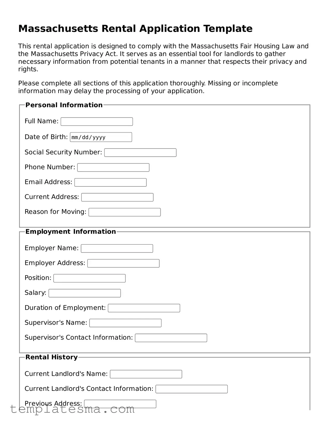 Printable Massachusetts Rental Application Form