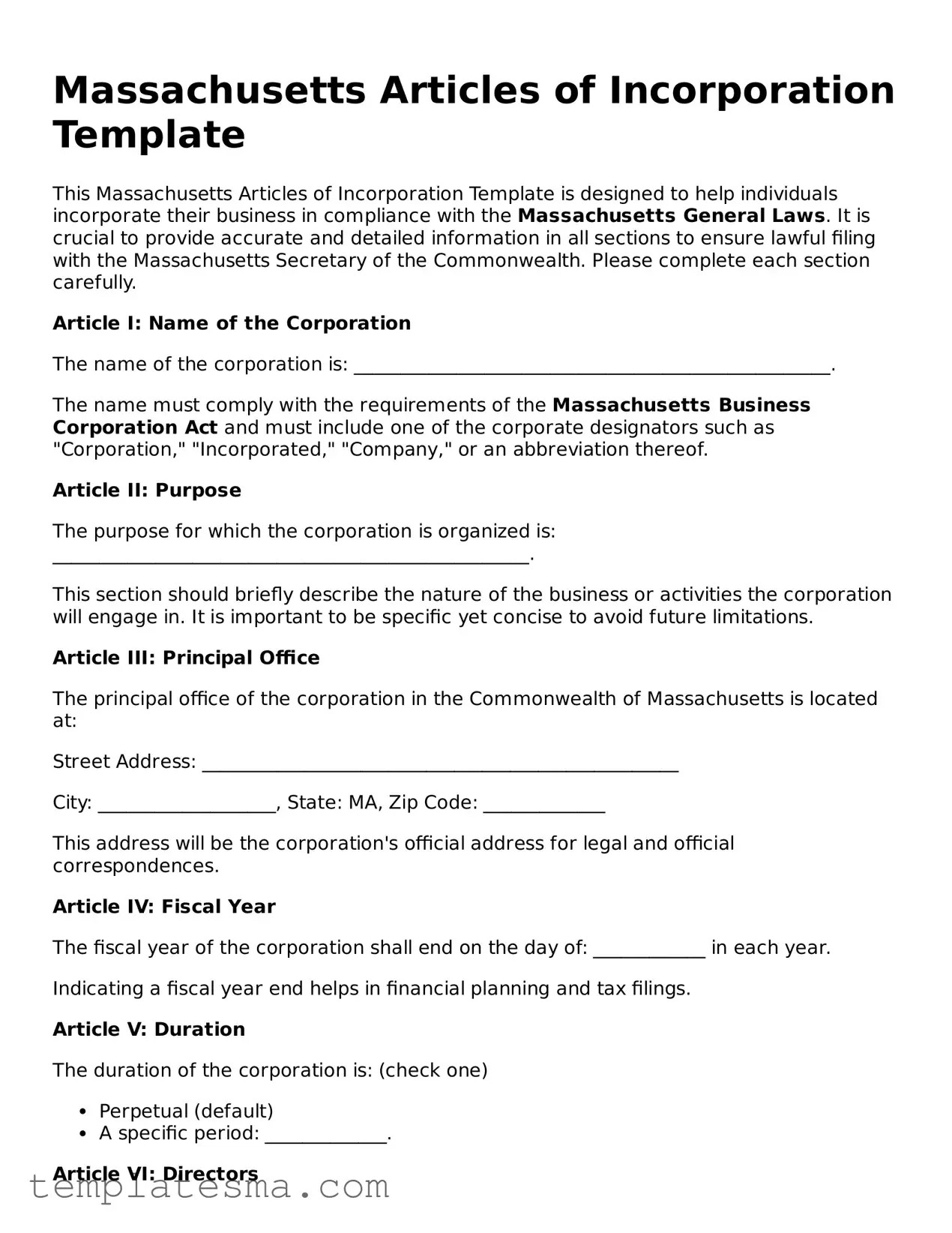 Printable Massachusetts Articles of Incorporation Form