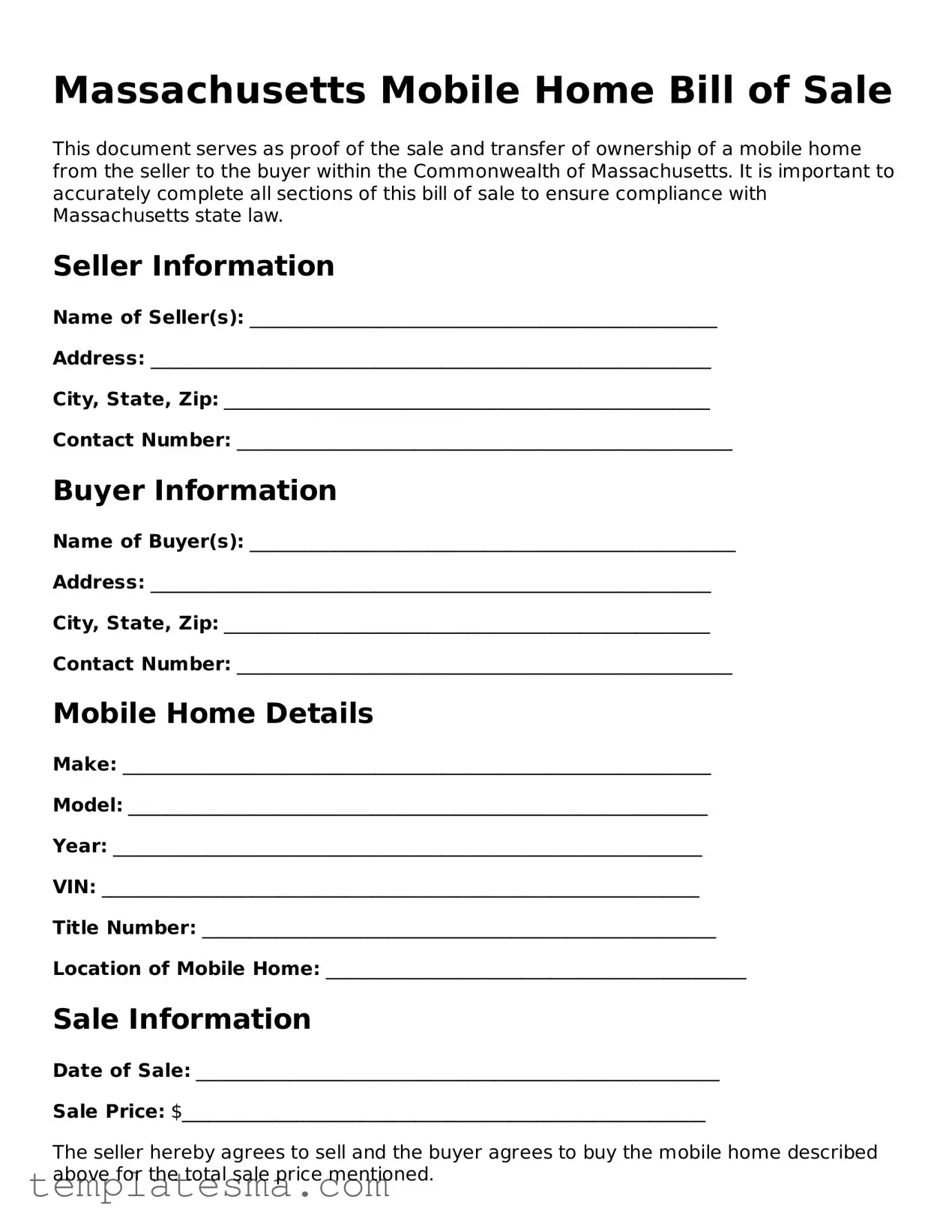 Printable Massachusetts Mobile Home Bill of Sale Form