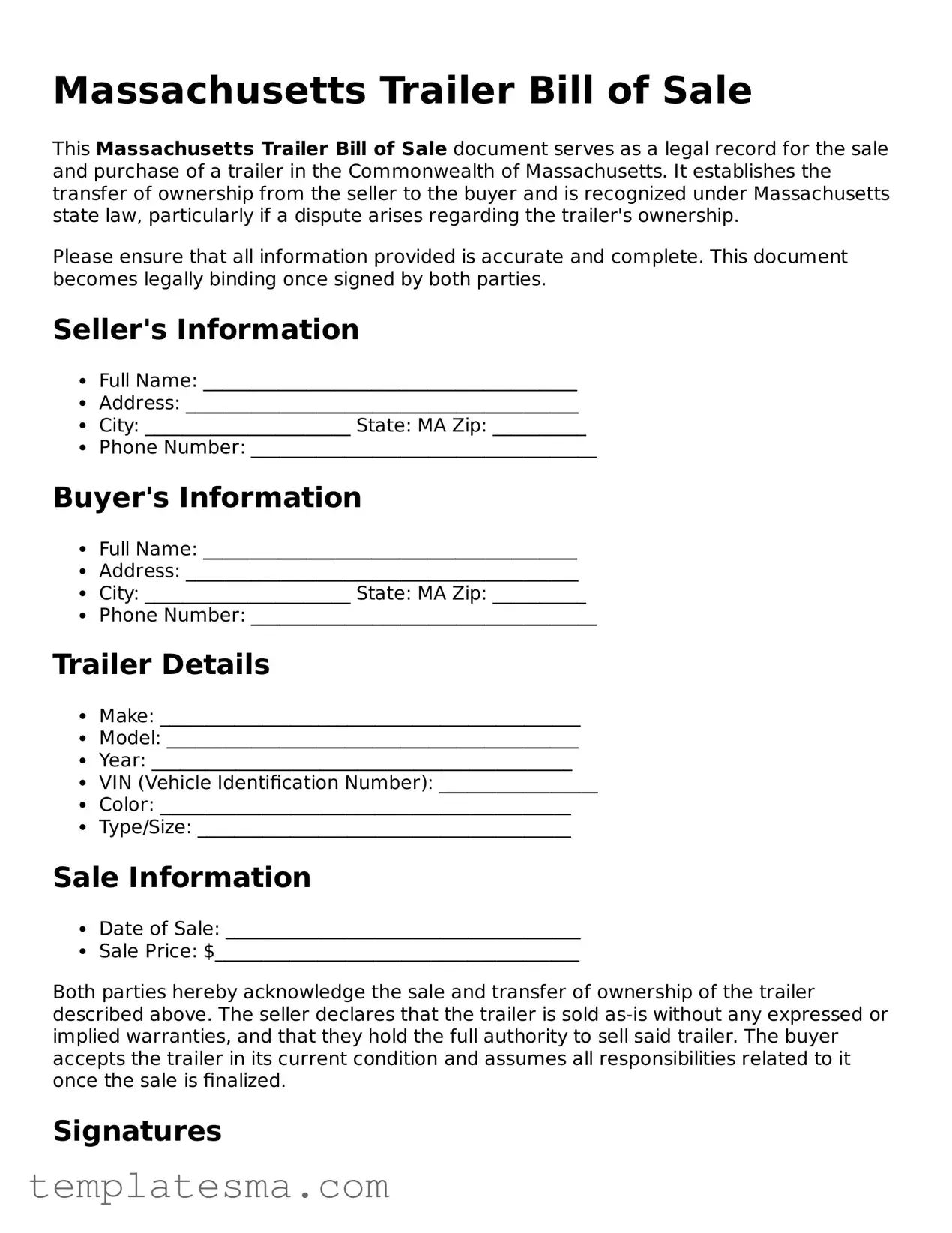 Printable Massachusetts Trailer Bill of Sale Form