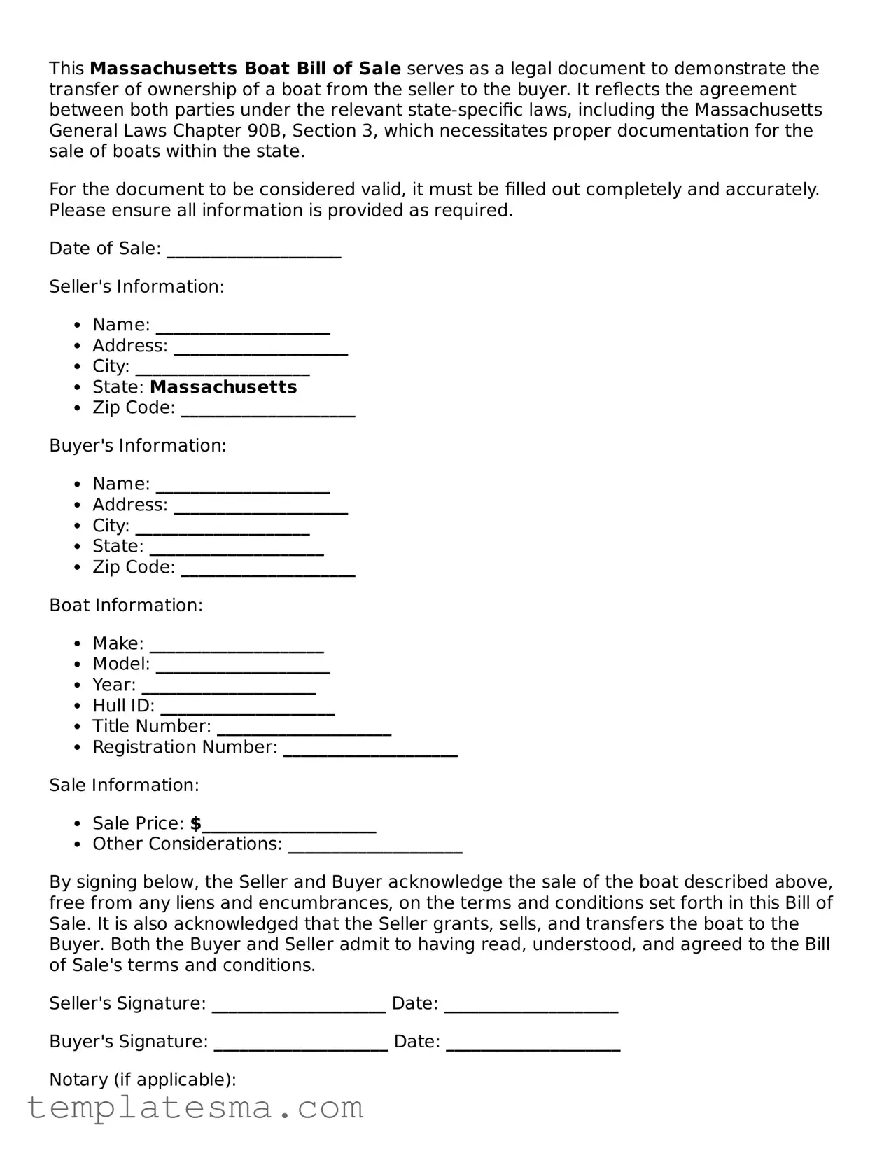 Printable Massachusetts Boat Bill of Sale Form