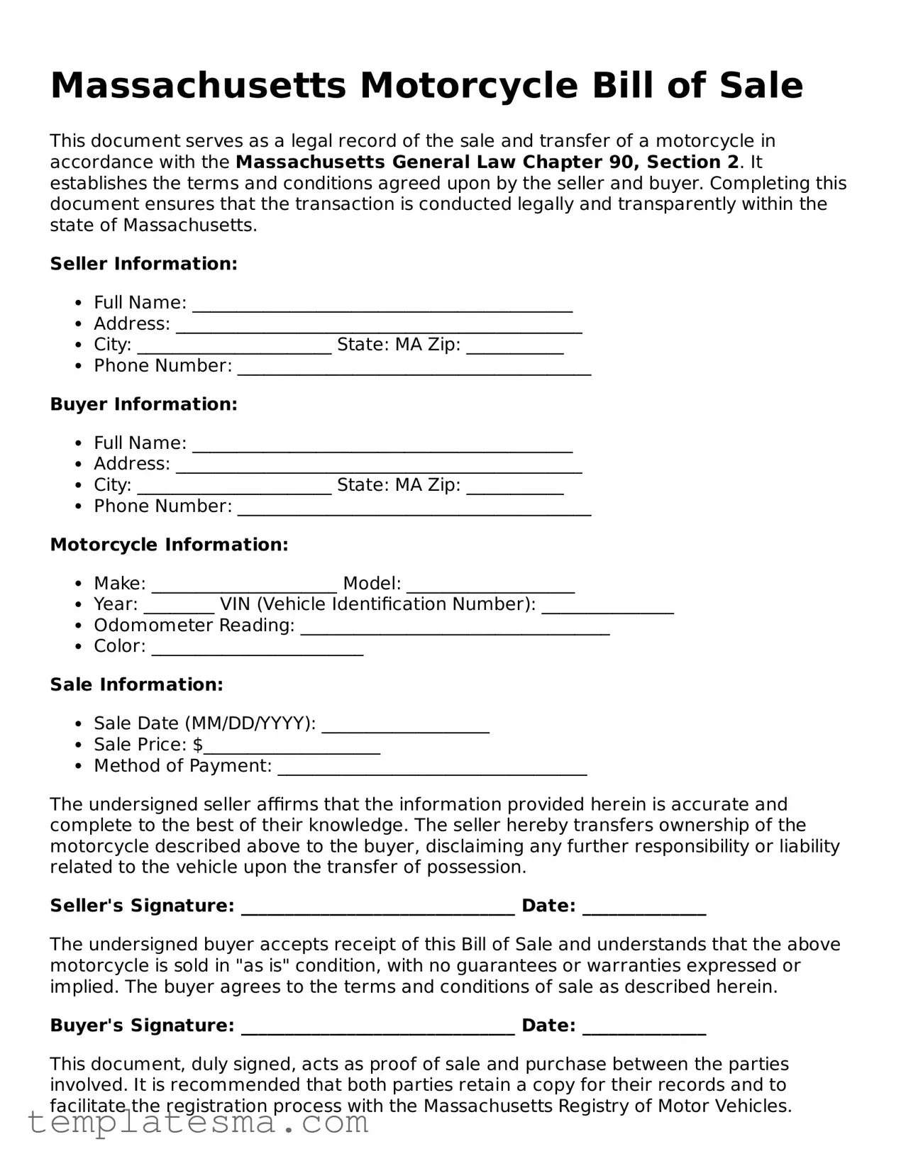 Printable Massachusetts Motorcycle Bill of Sale Form