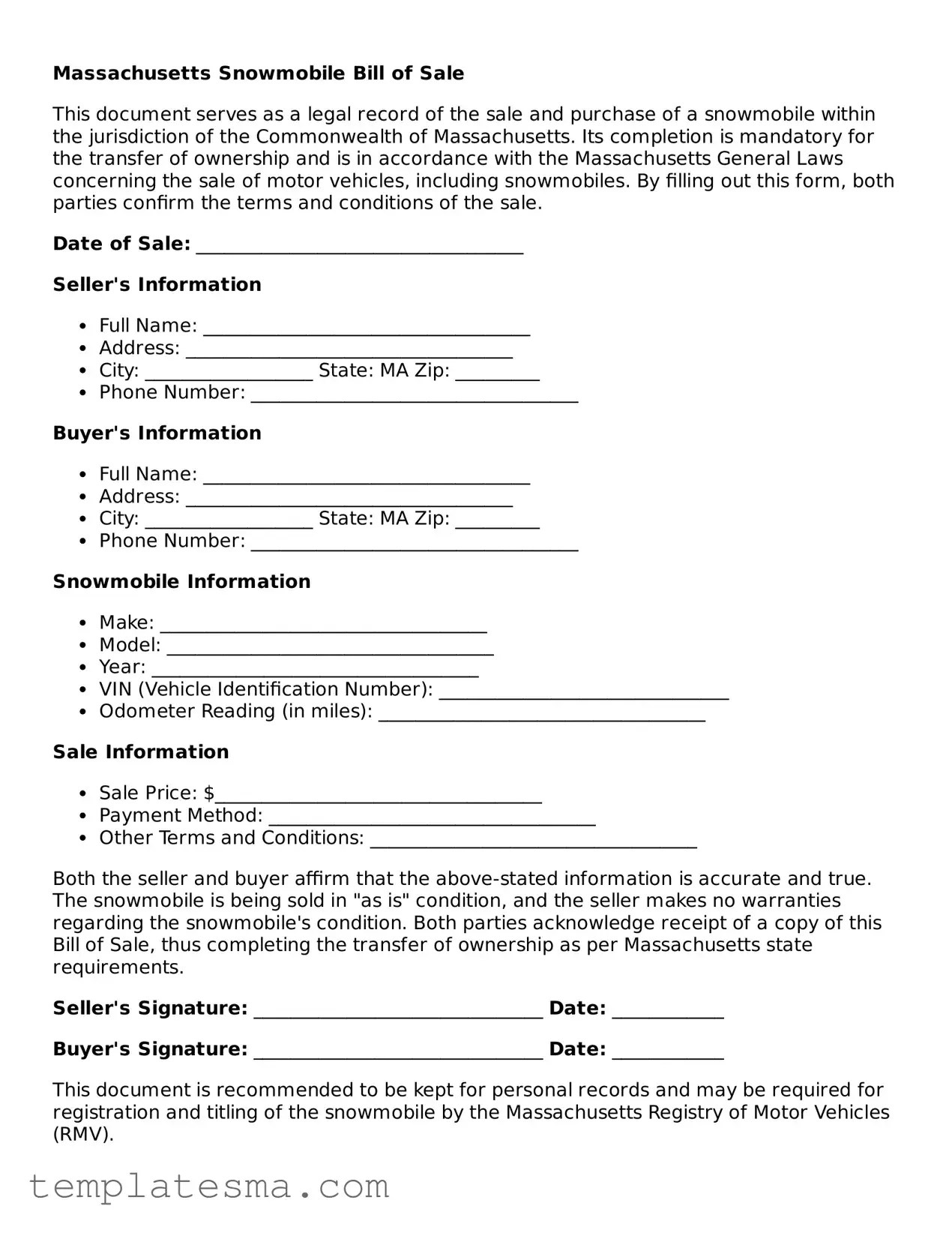 Printable Massachusetts Snowmobile Bill of Sale Form