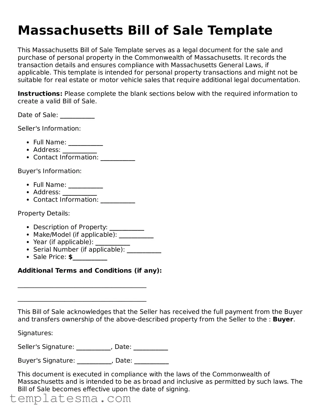 Printable Massachusetts Bill of Sale Form