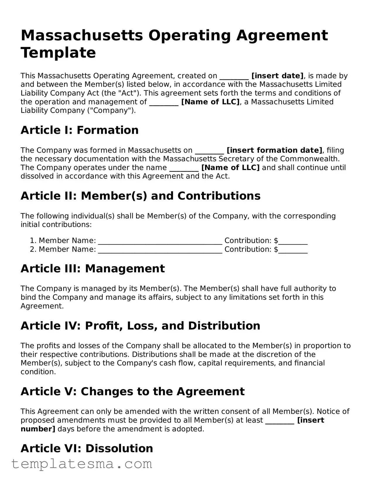 Printable Massachusetts Operating Agreement Form