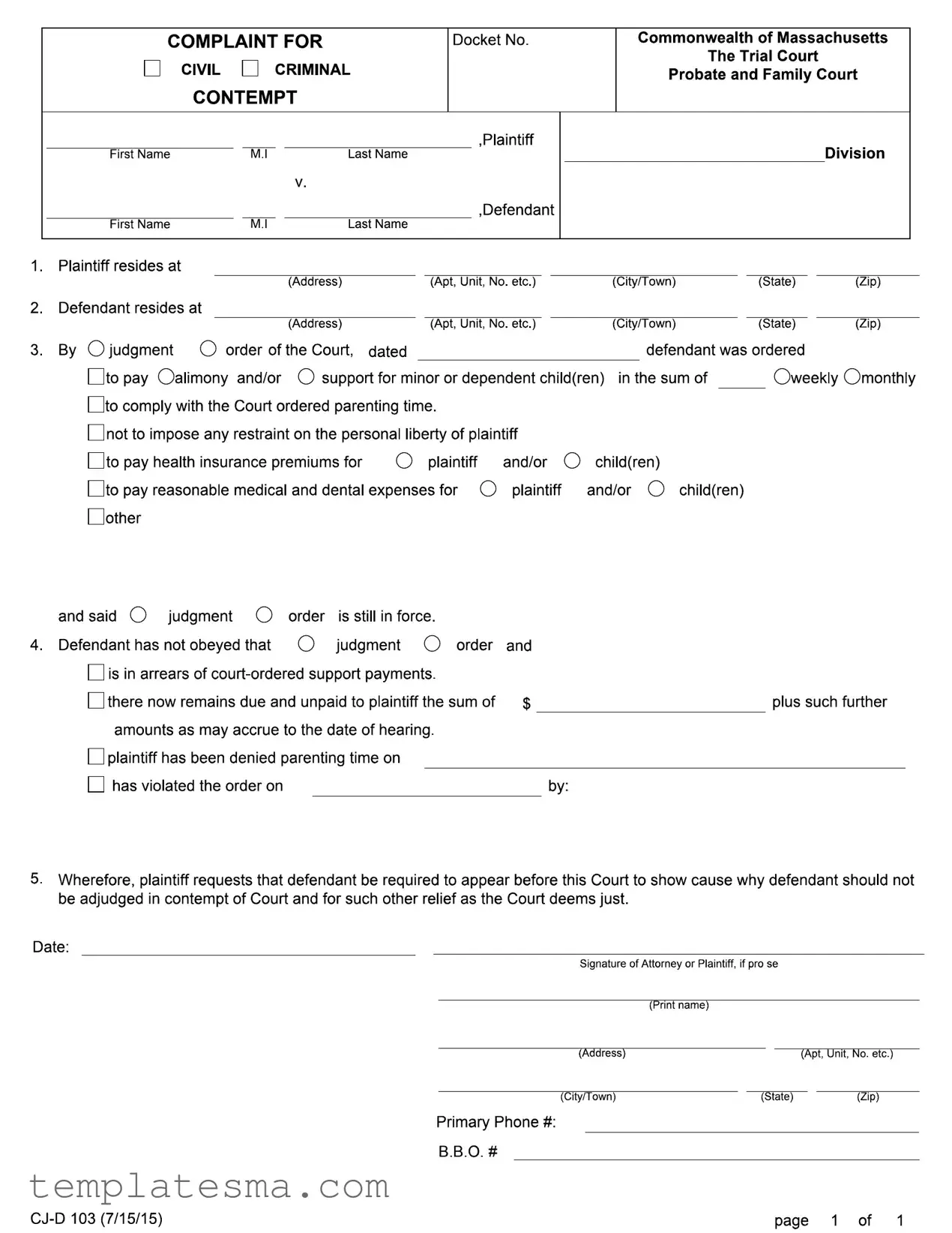 Fill Your Massachusetts Complaint For Contempt Form