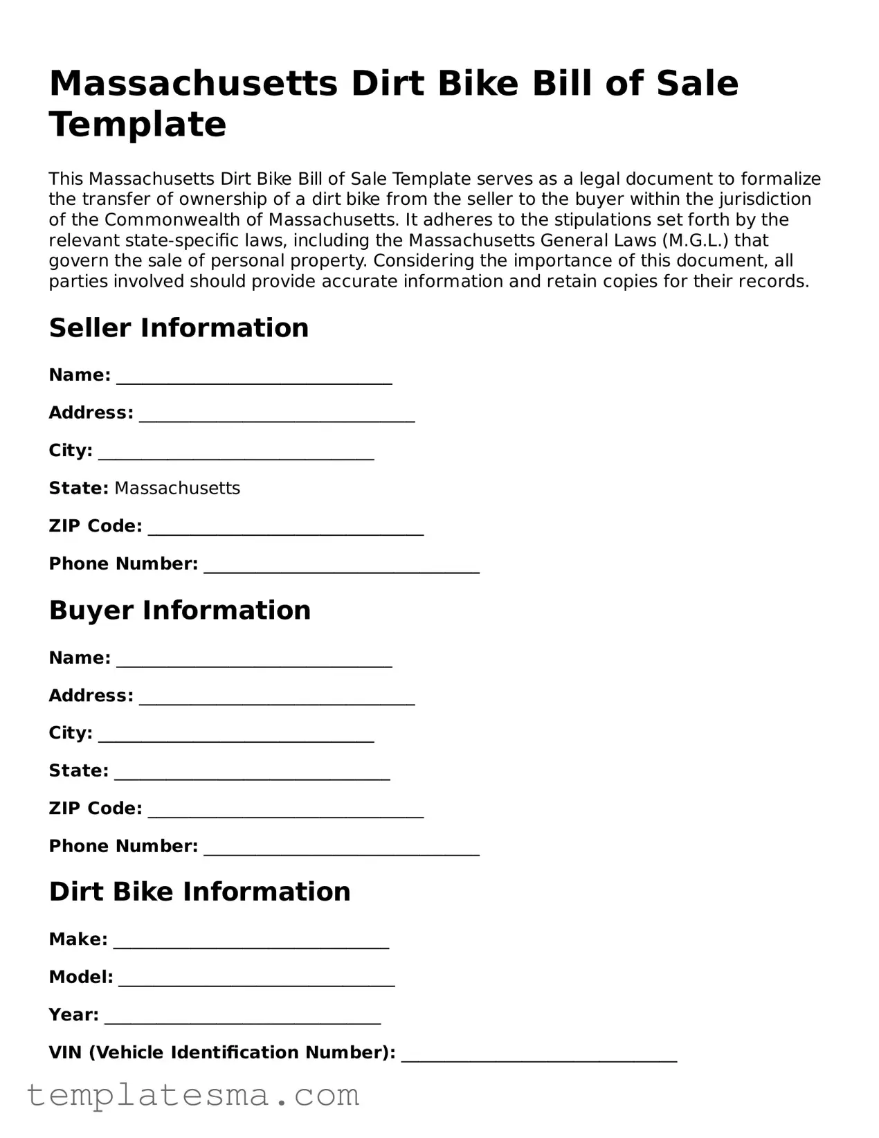 Printable Massachusetts Dirt Bike Bill of Sale Form