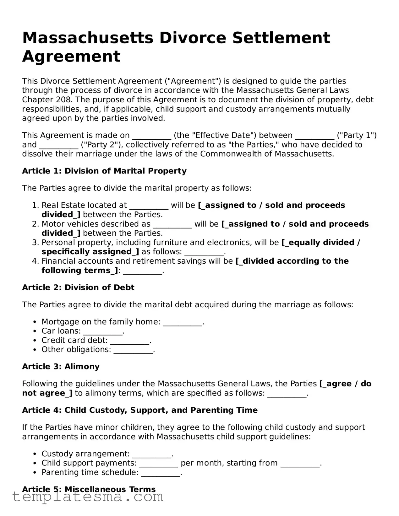 Printable Massachusetts Divorce Settlement Agreement Form