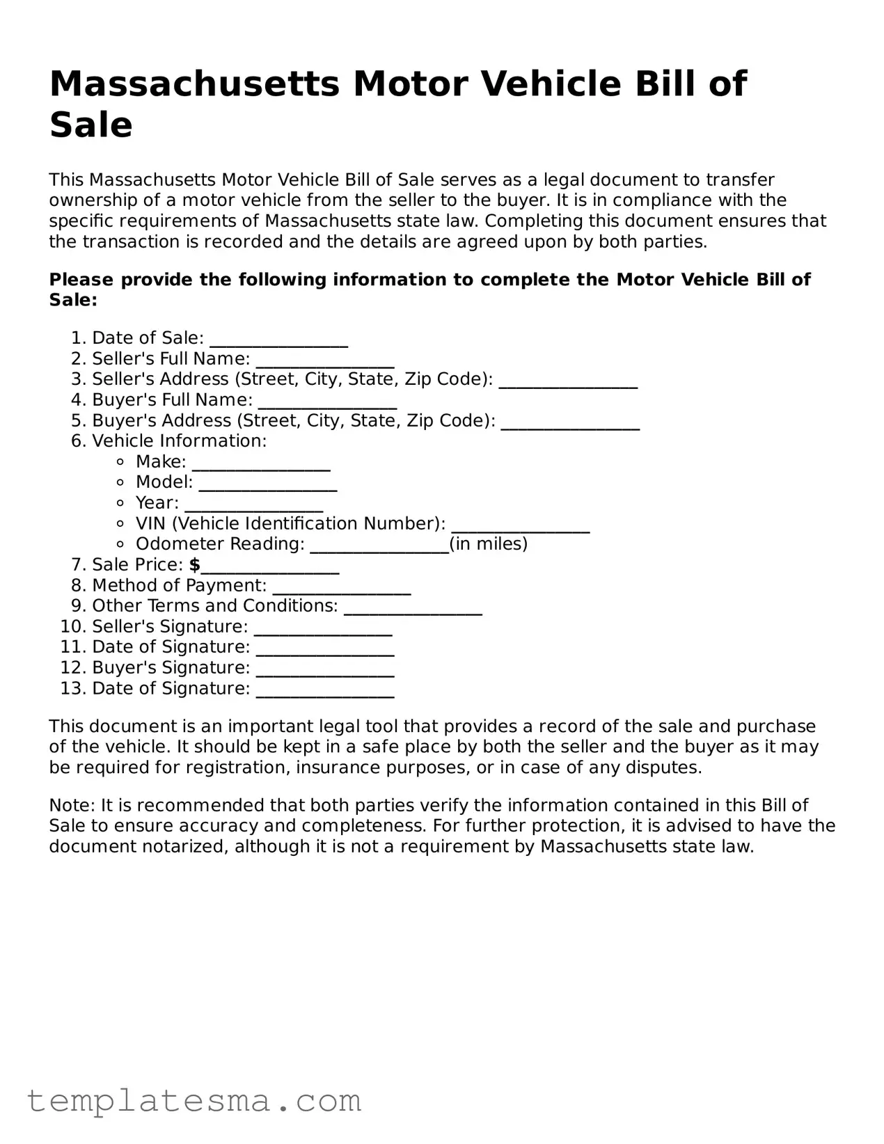 Printable Massachusetts Motor Vehicle Bill of Sale Form