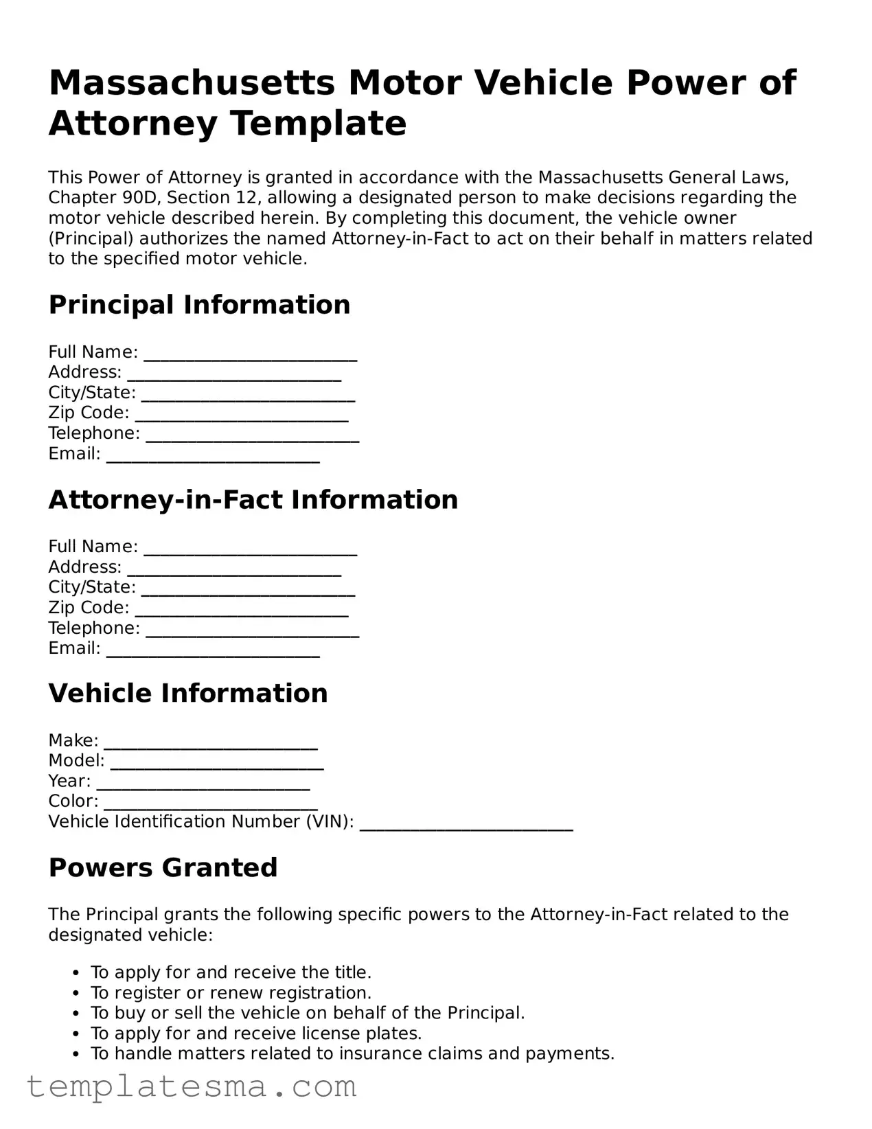 Printable Massachusetts Motor Vehicle Power of Attorney Form