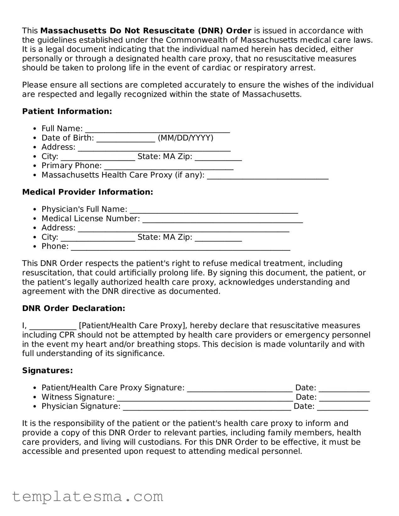 Printable Massachusetts Do Not Resuscitate Order Form