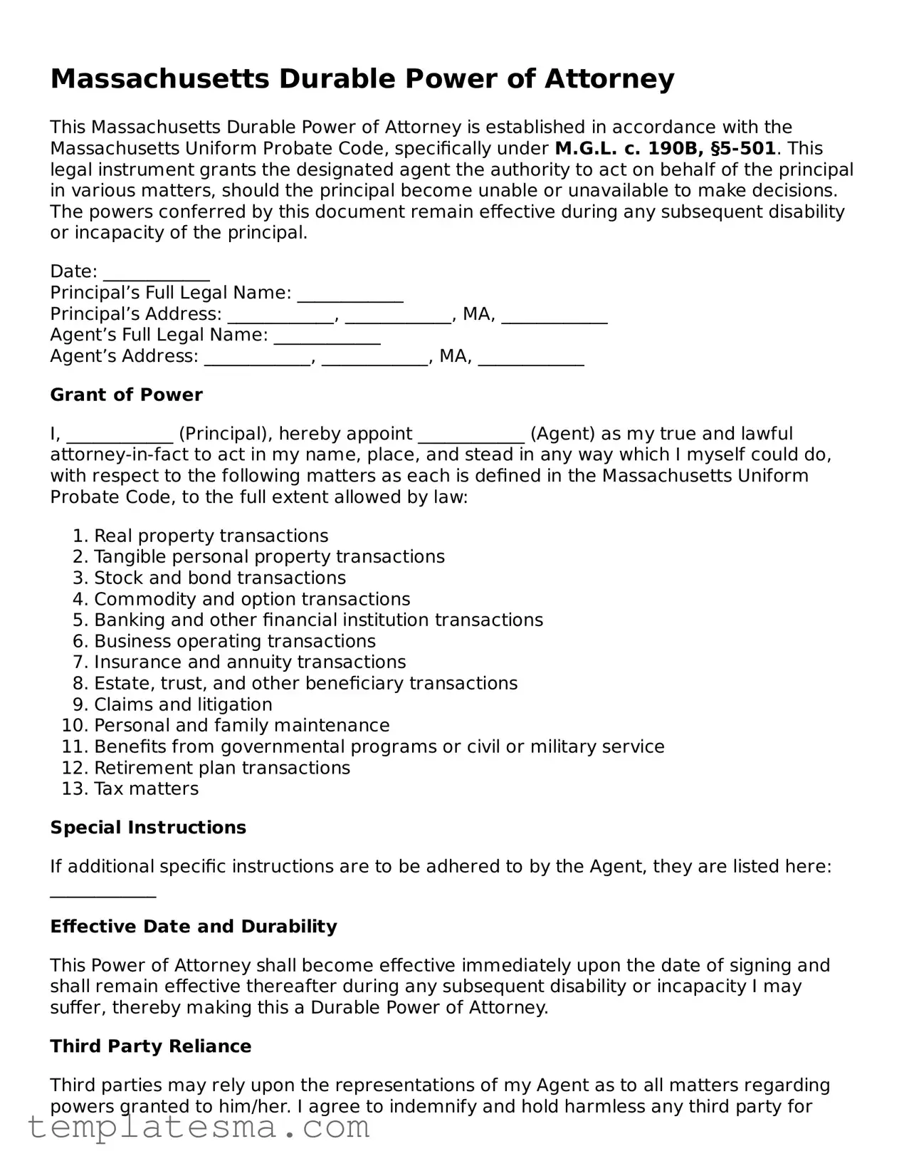 Printable Massachusetts Durable Power of Attorney Form