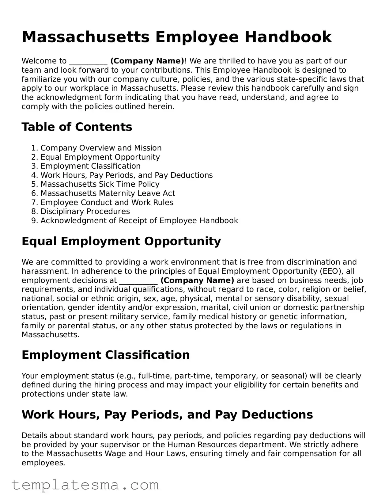 Printable Massachusetts Employee Handbook Form