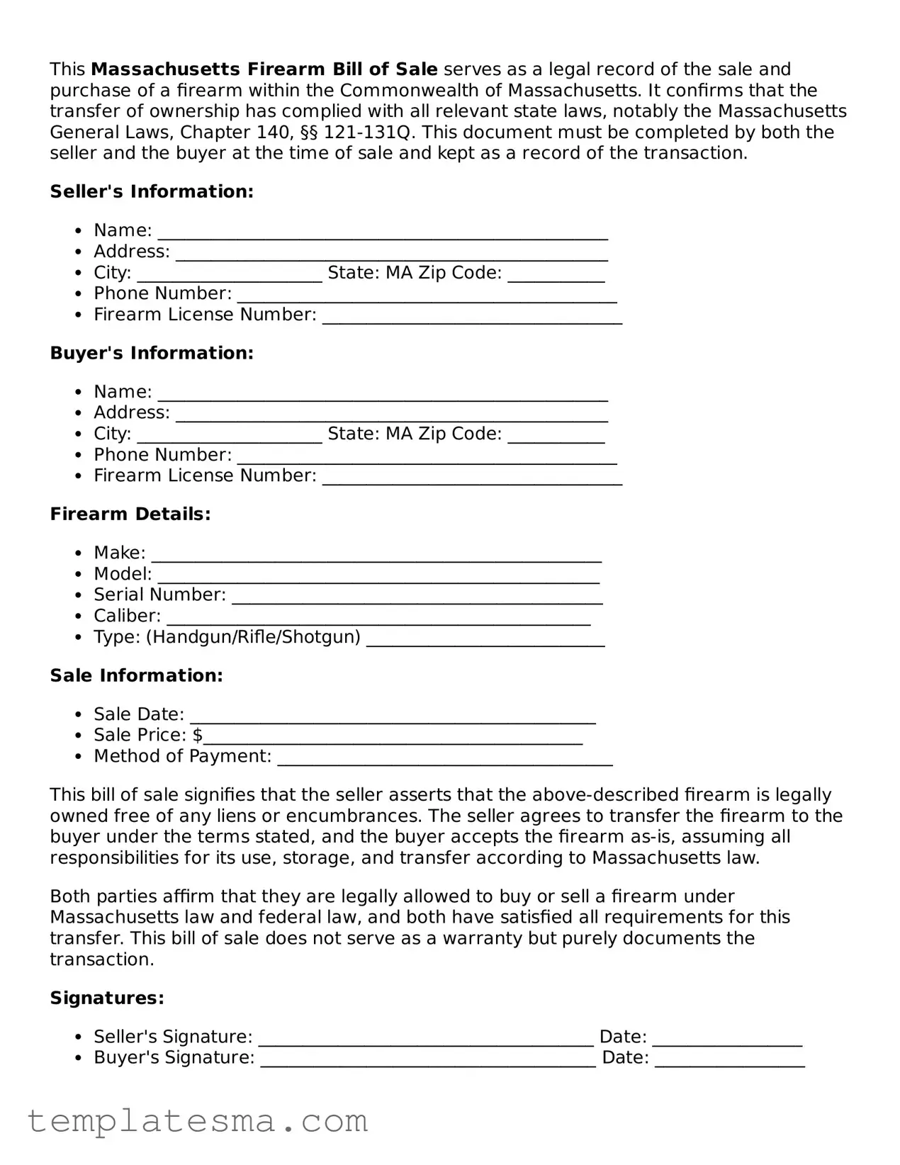 Printable Massachusetts Firearm Bill of Sale Form