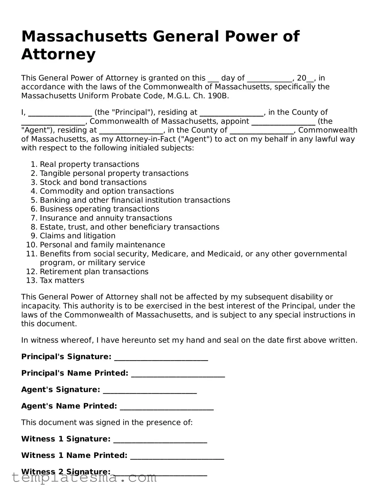 Printable Massachusetts General Power of Attorney Form