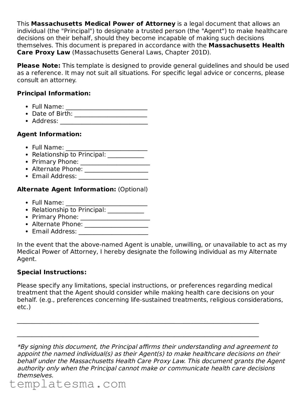 Printable Massachusetts Medical Power of Attorney Form