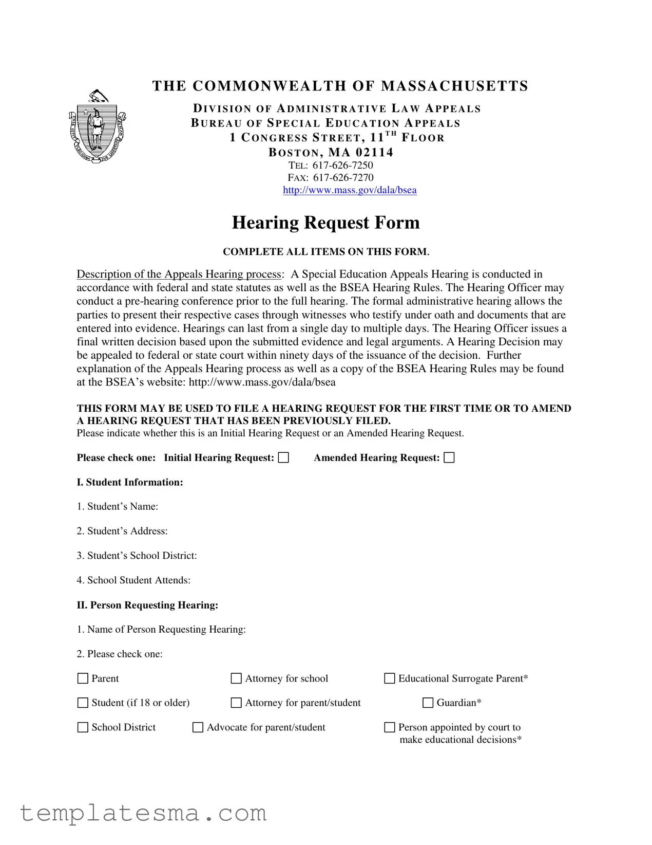 Fill Your Massachusetts Hearing Request Form
