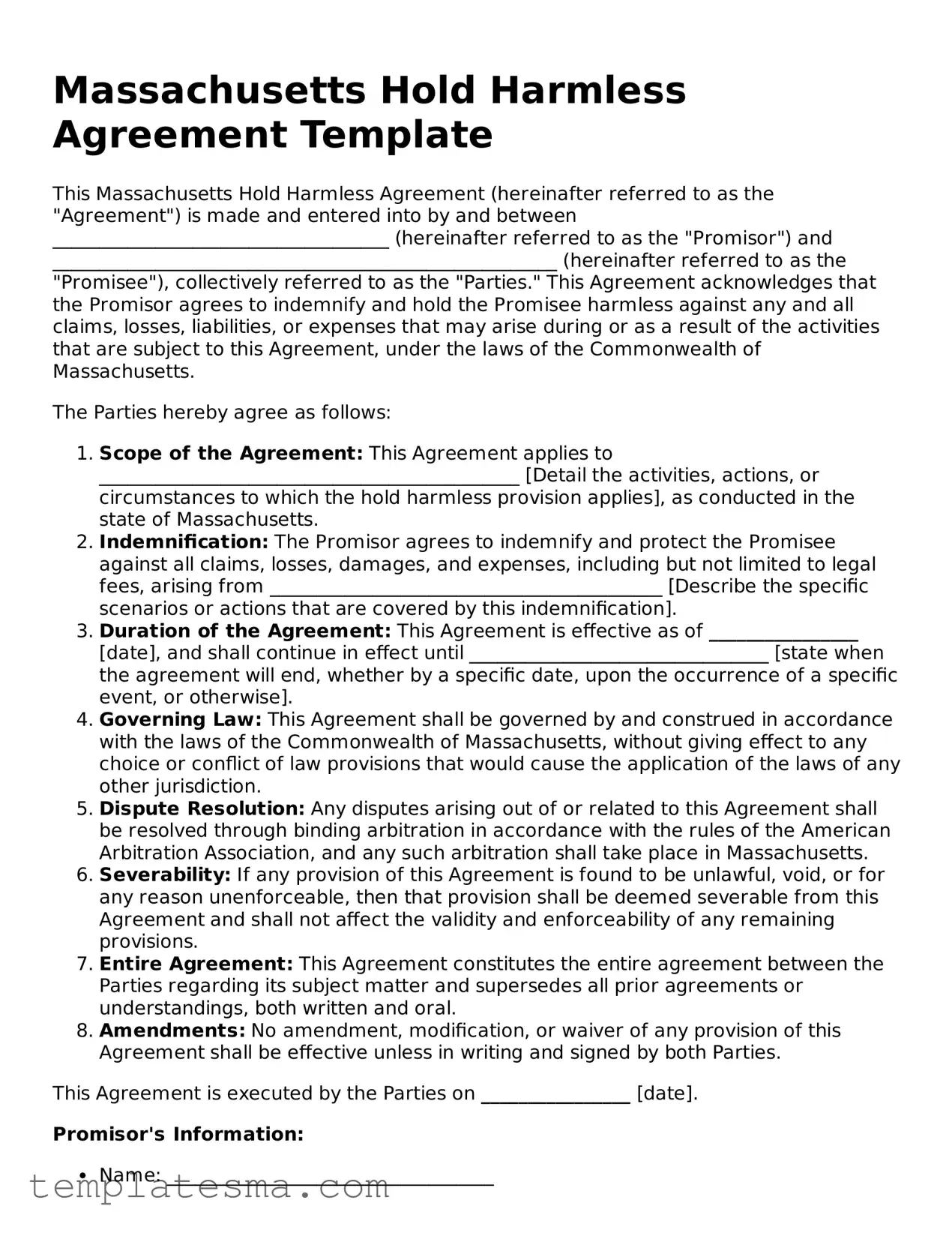 Printable Massachusetts Hold Harmless Agreement Form