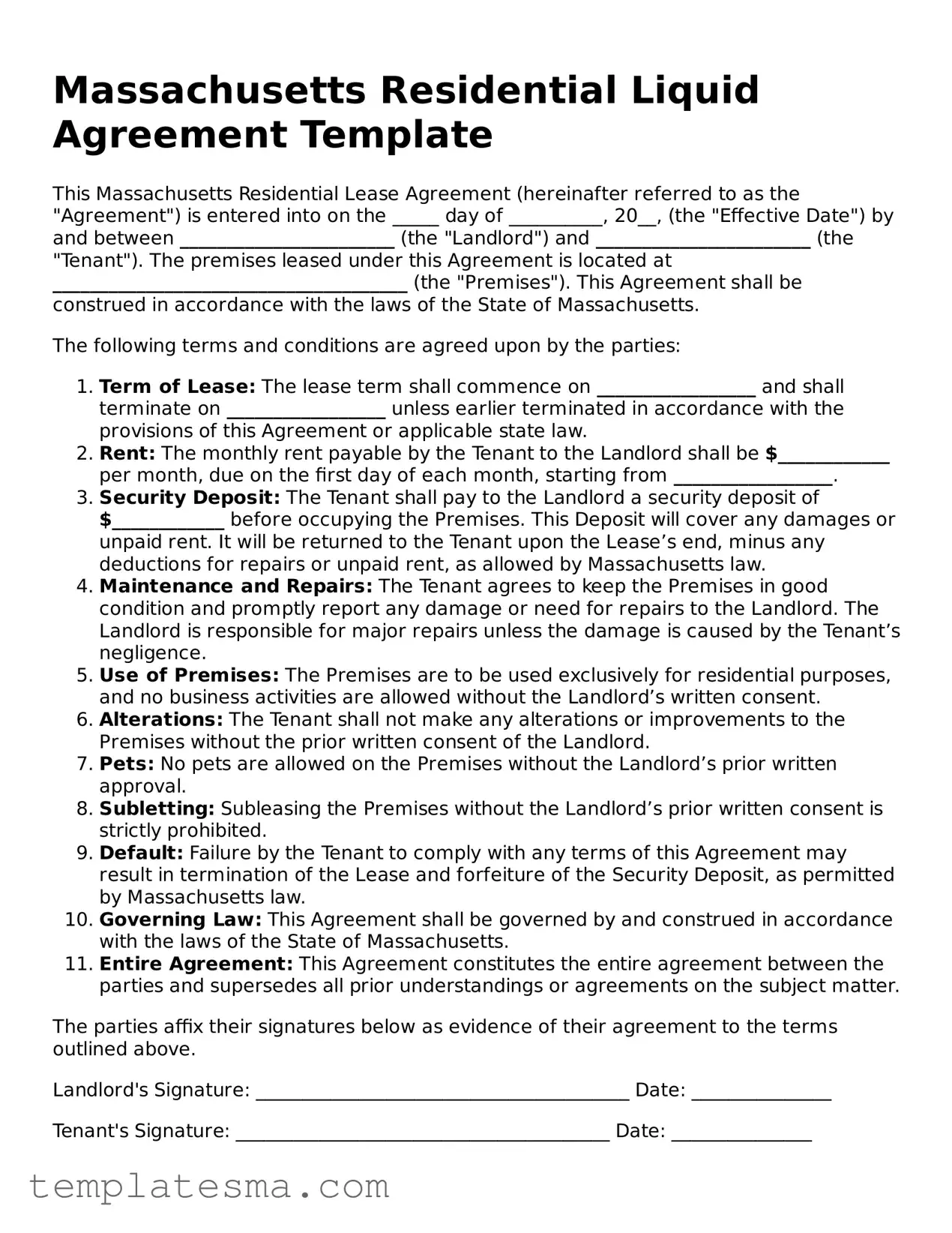 Printable Massachusetts Residential Lease Agreement Form