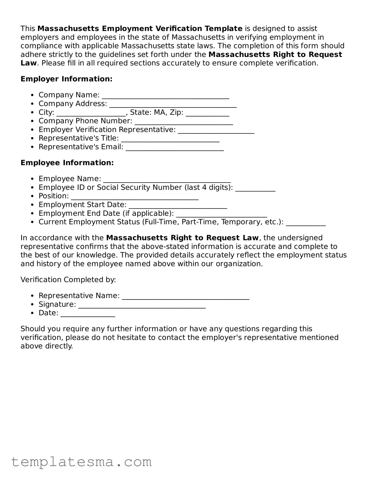 Printable Massachusetts Employment Verification Form