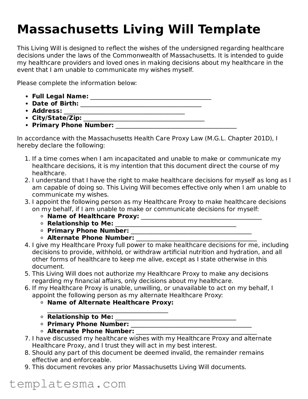 Printable Massachusetts Living Will Form