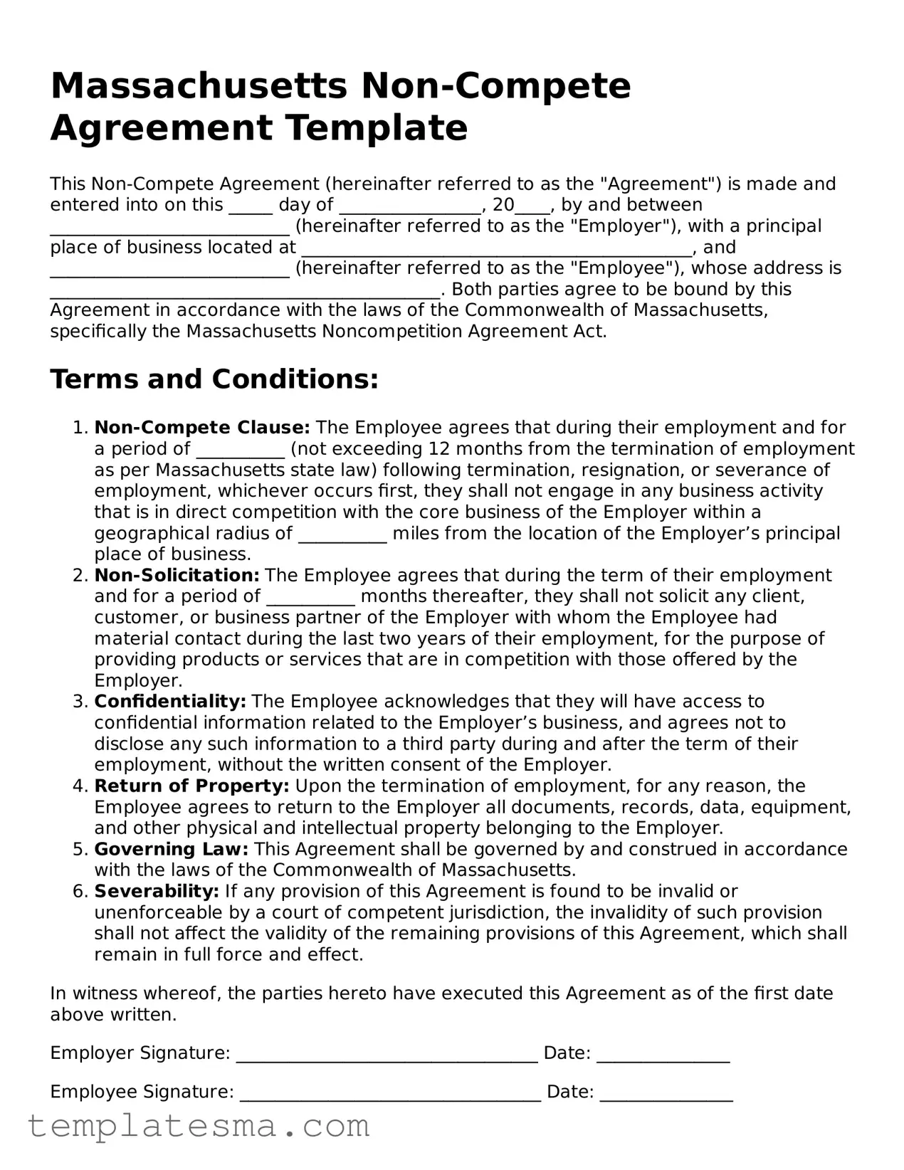 Printable Massachusetts Non-compete Agreement Form