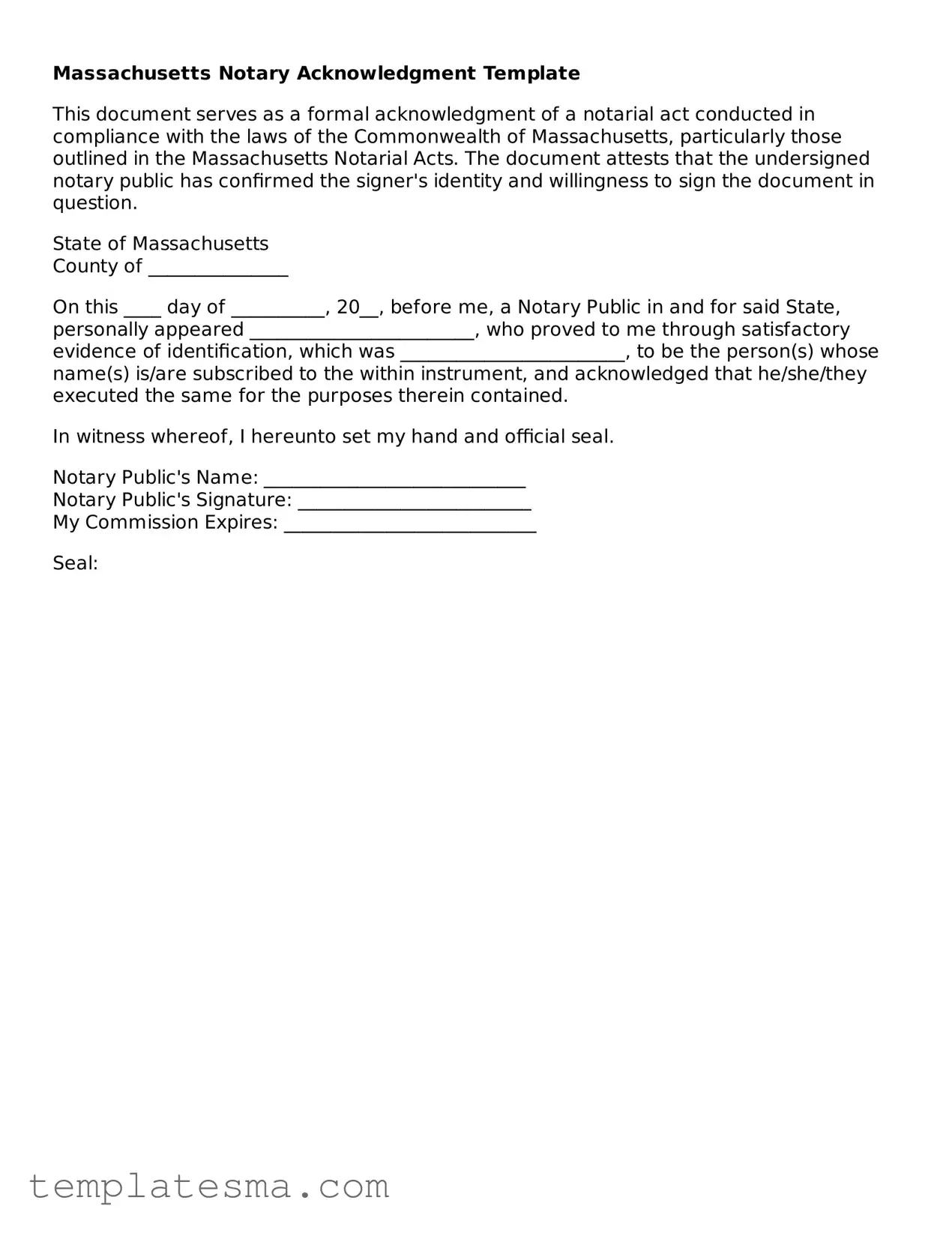 Printable Massachusetts Notary Acknowledgement Form