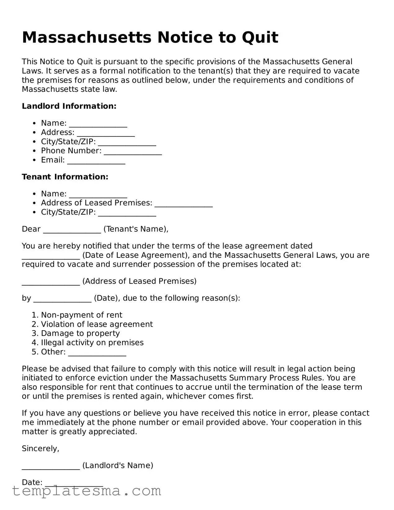 Printable Massachusetts Notice to Quit Form