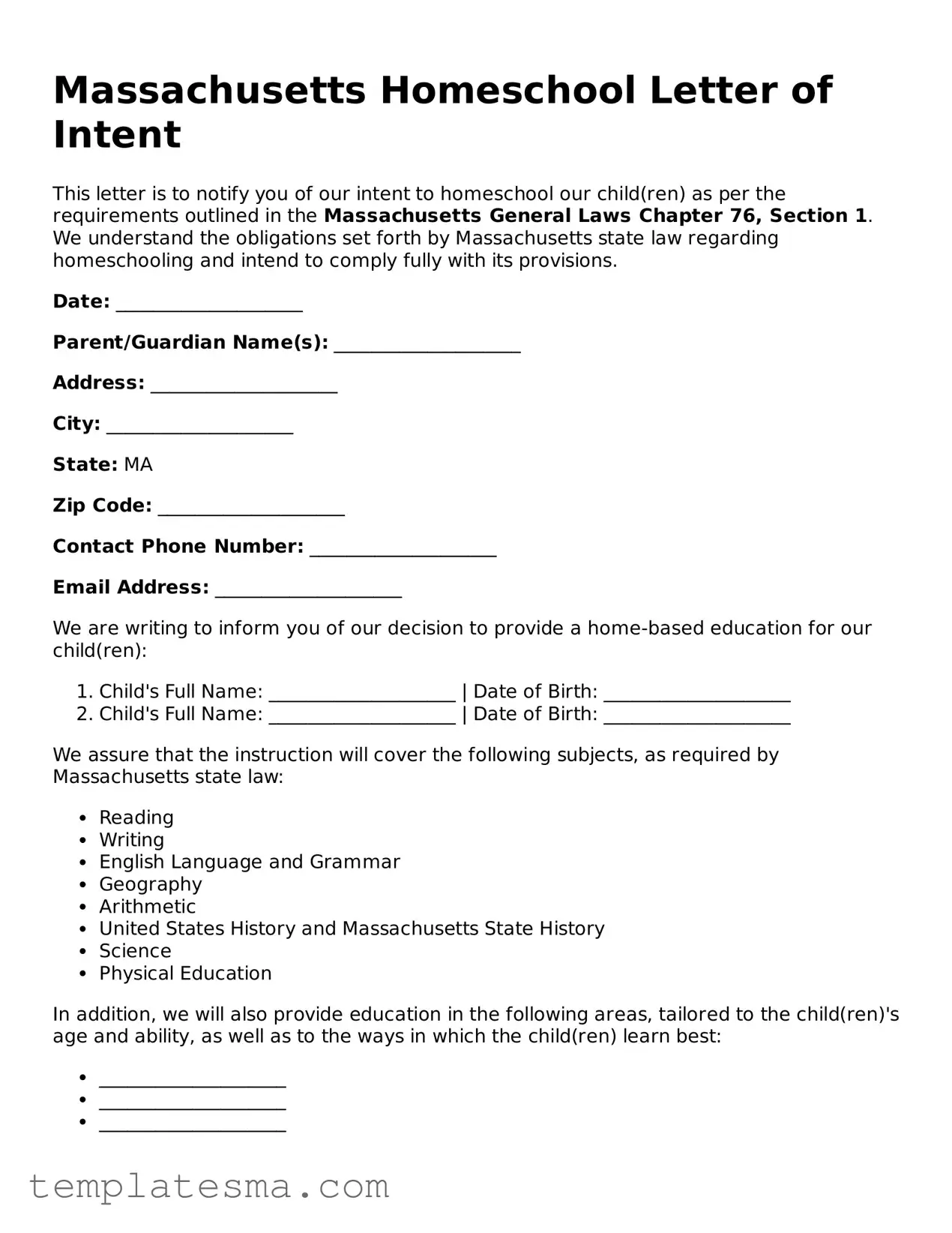 Printable Massachusetts Homeschool Letter of Intent Form