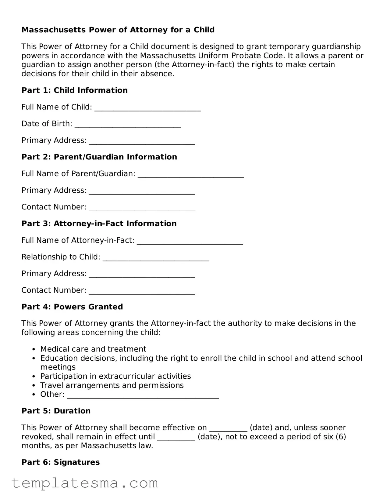 Printable Massachusetts Power of Attorney for a Child Form