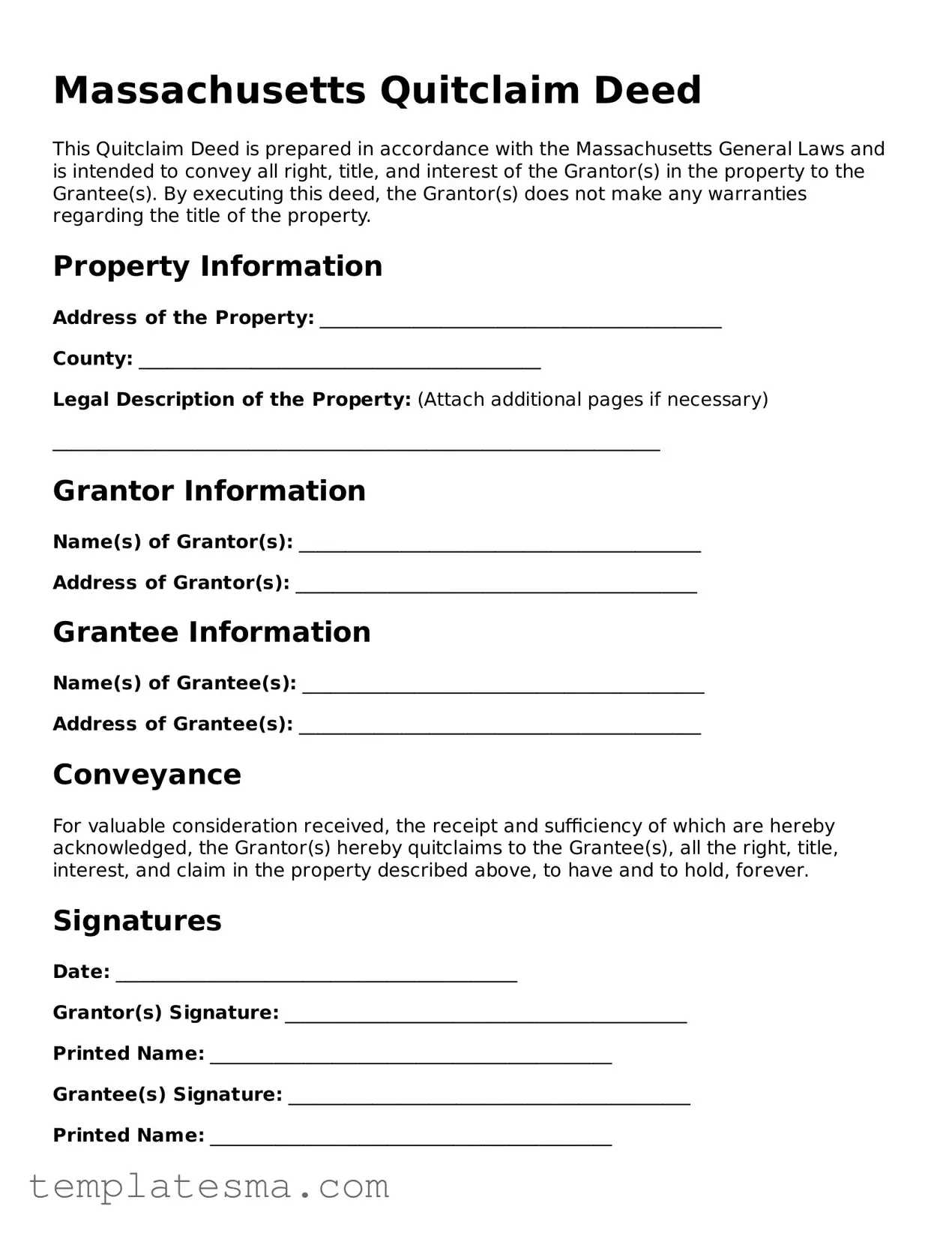 Printable Massachusetts Quitclaim Deed Form