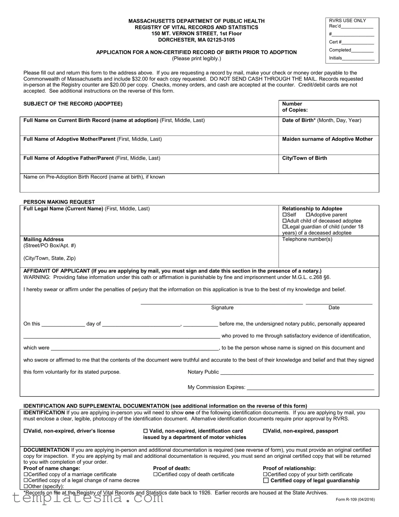 Fill Your Massachusetts R 109 Form