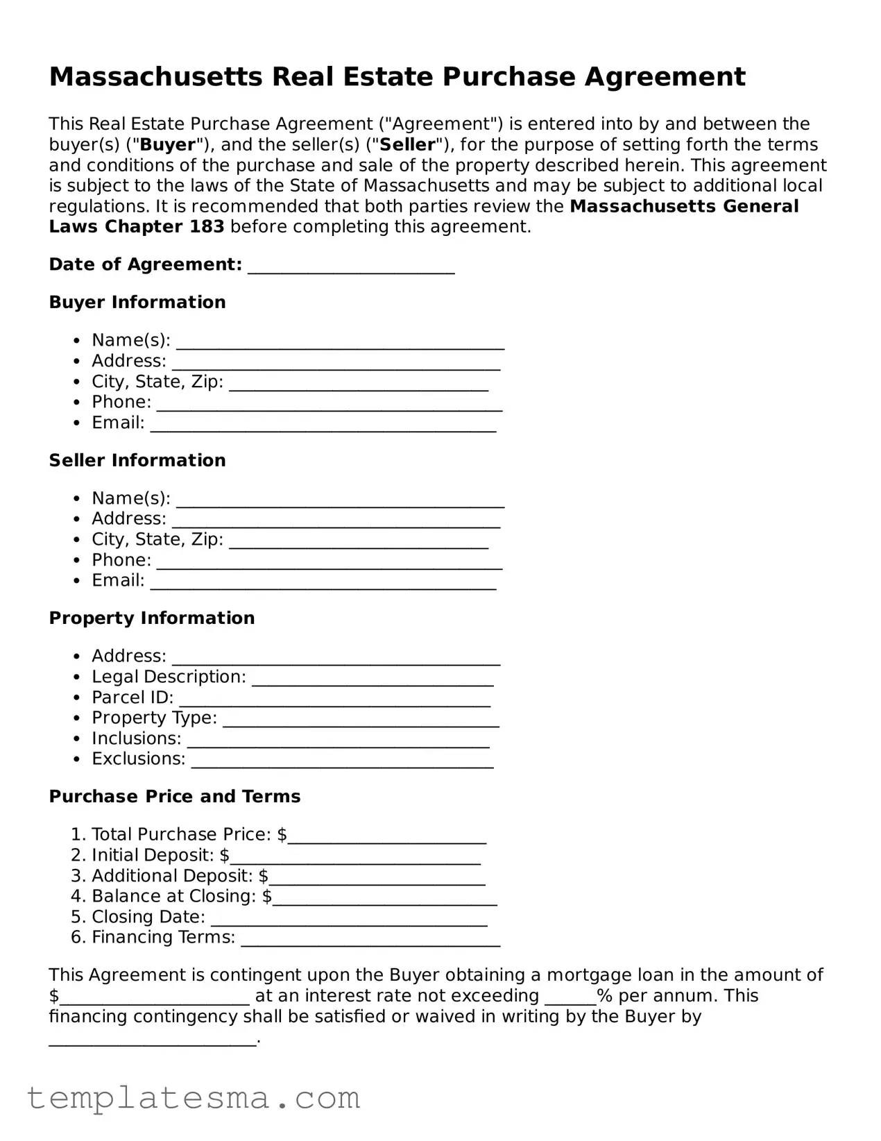 Printable Massachusetts Real Estate Purchase Agreement Form