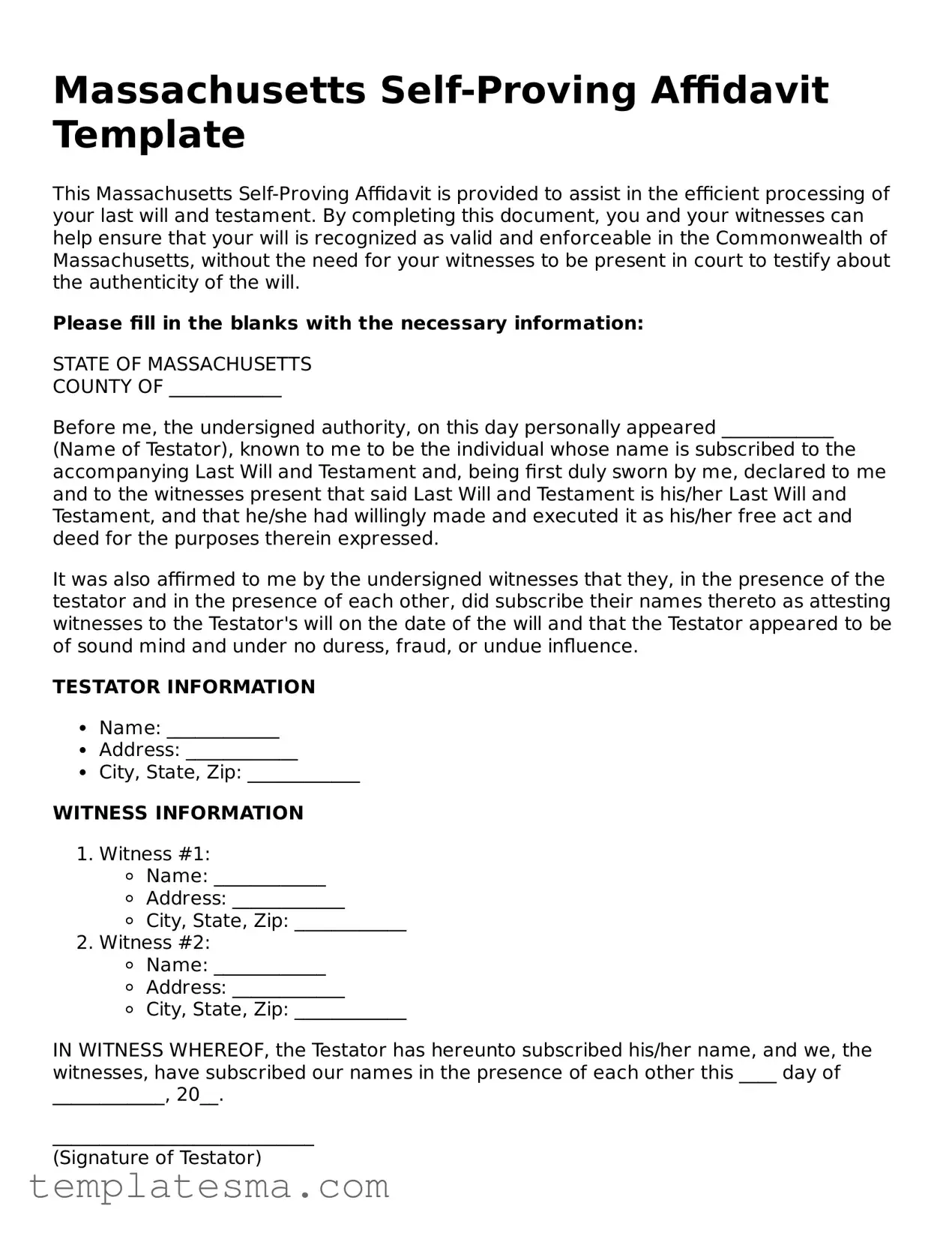 Printable Massachusetts Self-Proving Affidavit Form