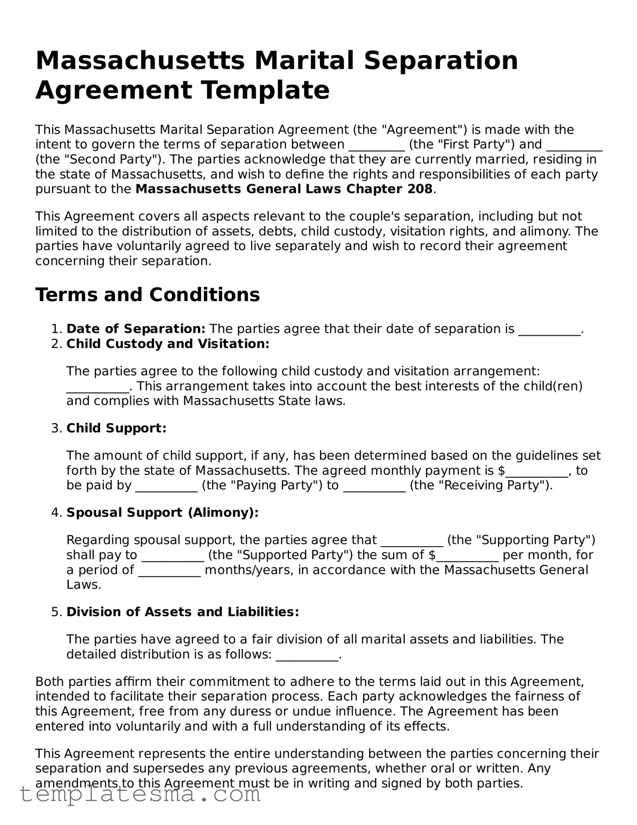 Printable Massachusetts Marital Separation Agreement Form