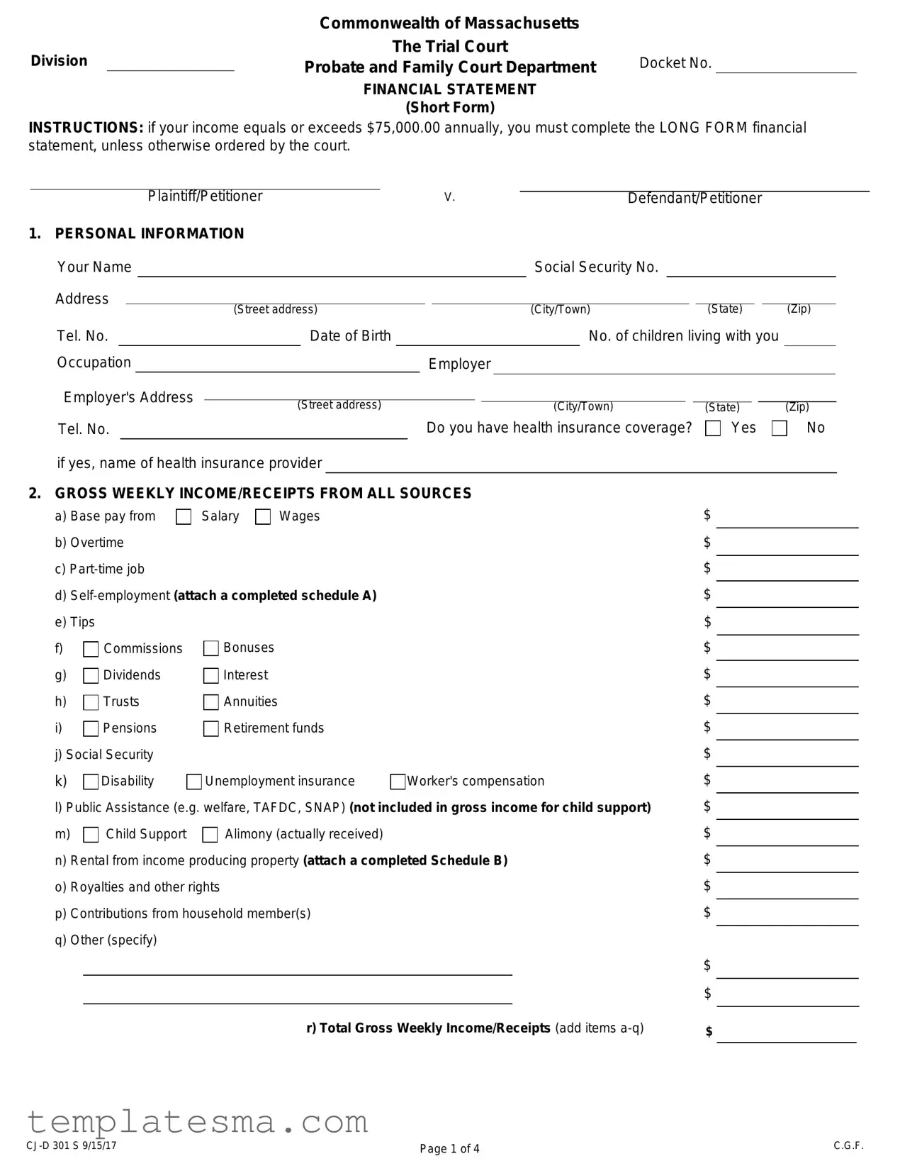 Fill Your Massachusetts Short Financial Statement Form
