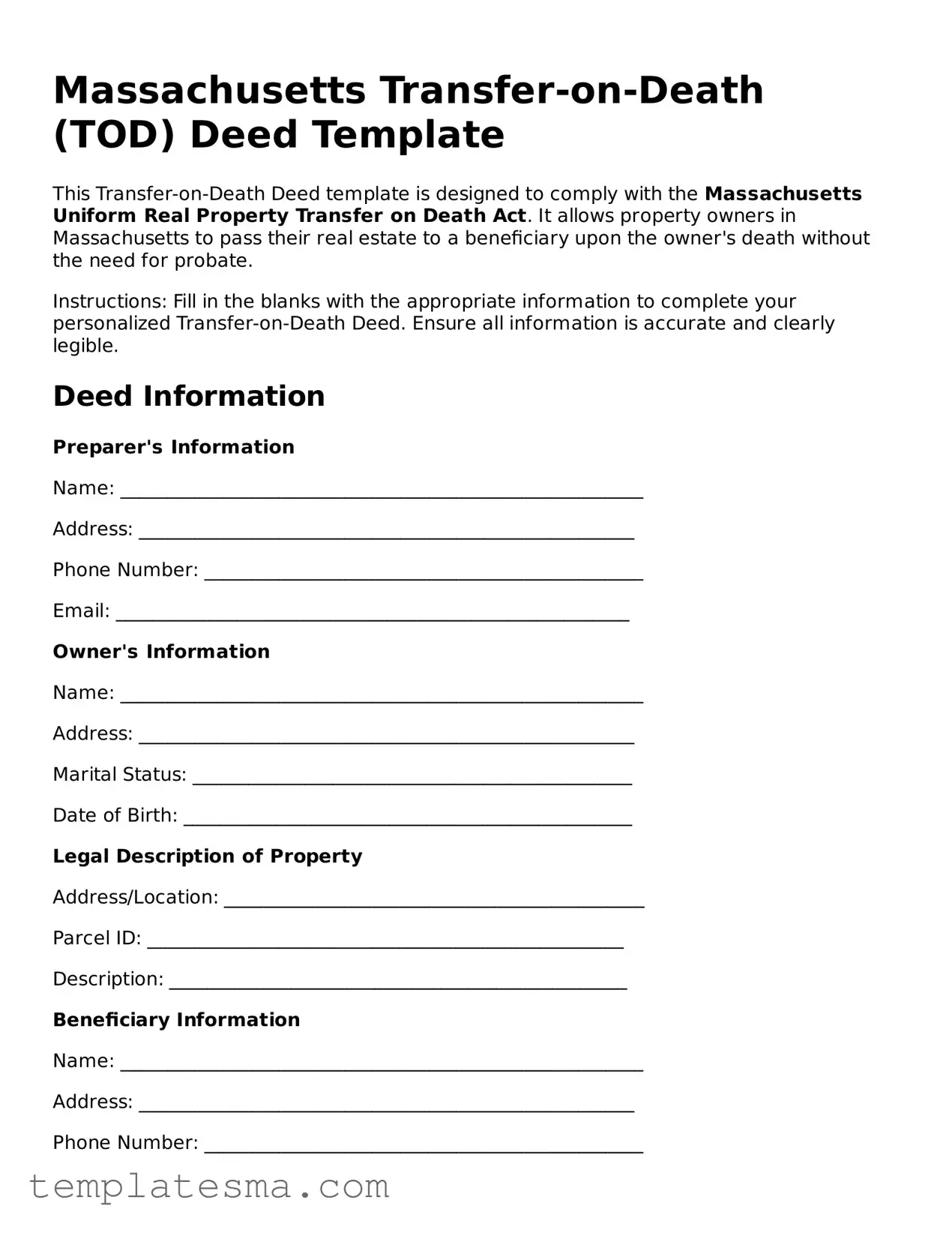 Printable Massachusetts Transfer-on-Death Deed Form