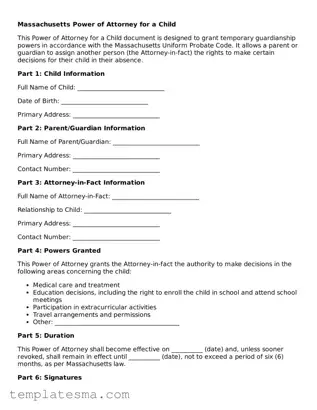 Printable Massachusetts Power of Attorney for a Child Form